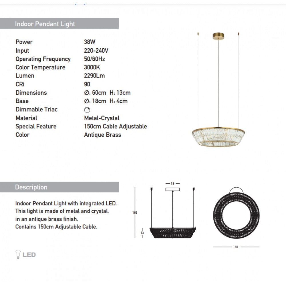 Lampa suspendata dimabila LARIS ANTIQUE BRASS 38W