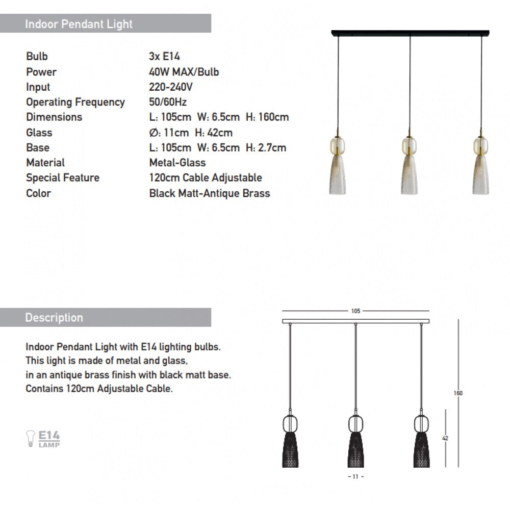 Lampa suspendata IRENI LINIAR ANTIQUE BRASS