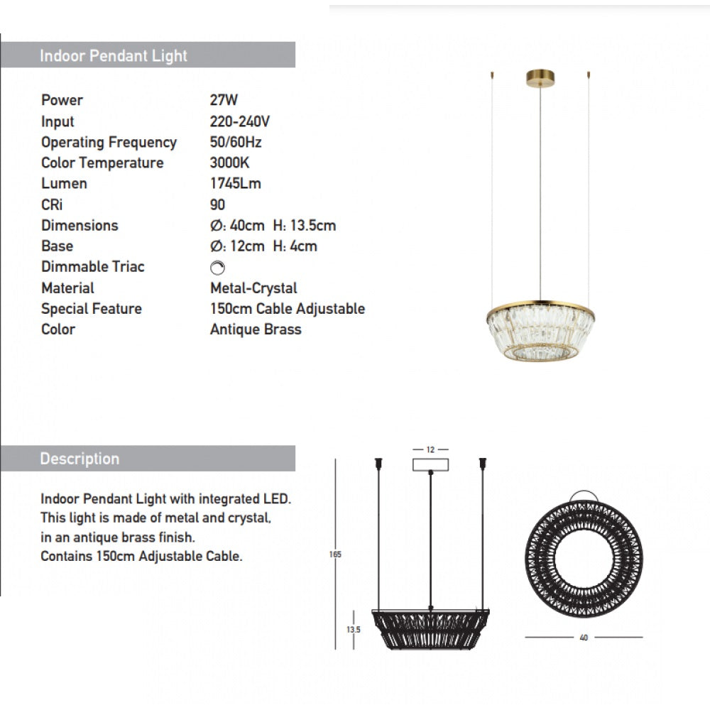 Lampa suspendata dimabila LARIS ANTIQUE BRASS 27W